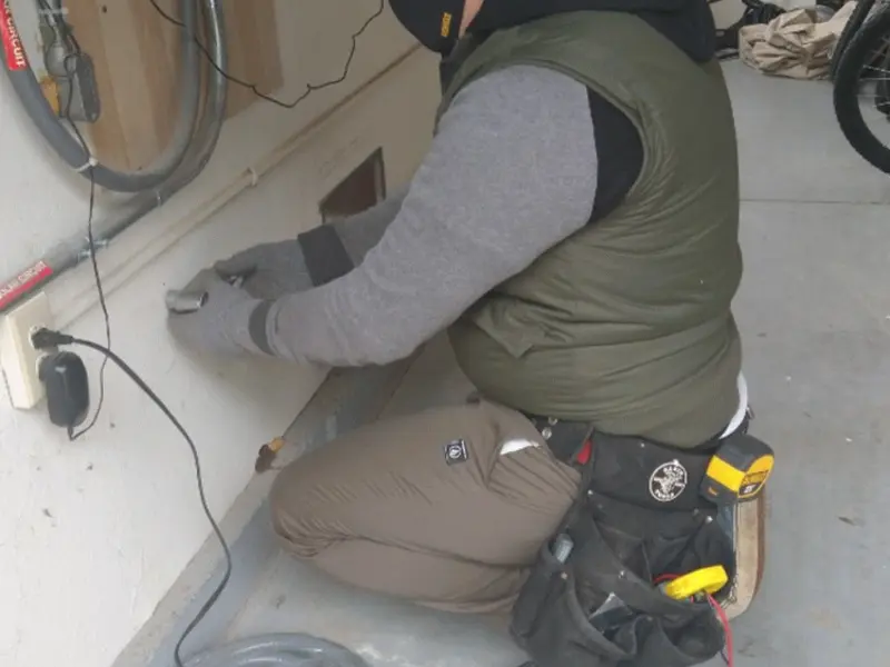 Electrician performing outlet wiring in a Seymour garage